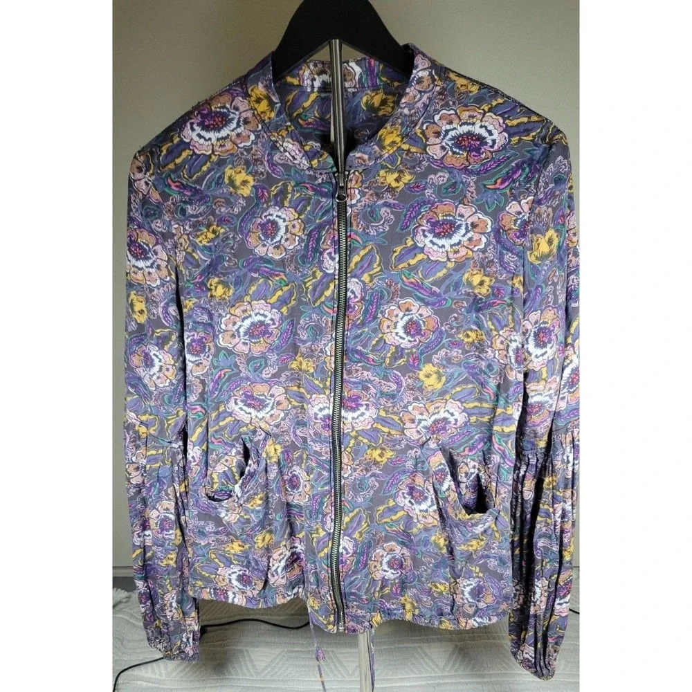 Free People Floral Bomber Jacket Women M  Boho Balloon Sleeve Festival